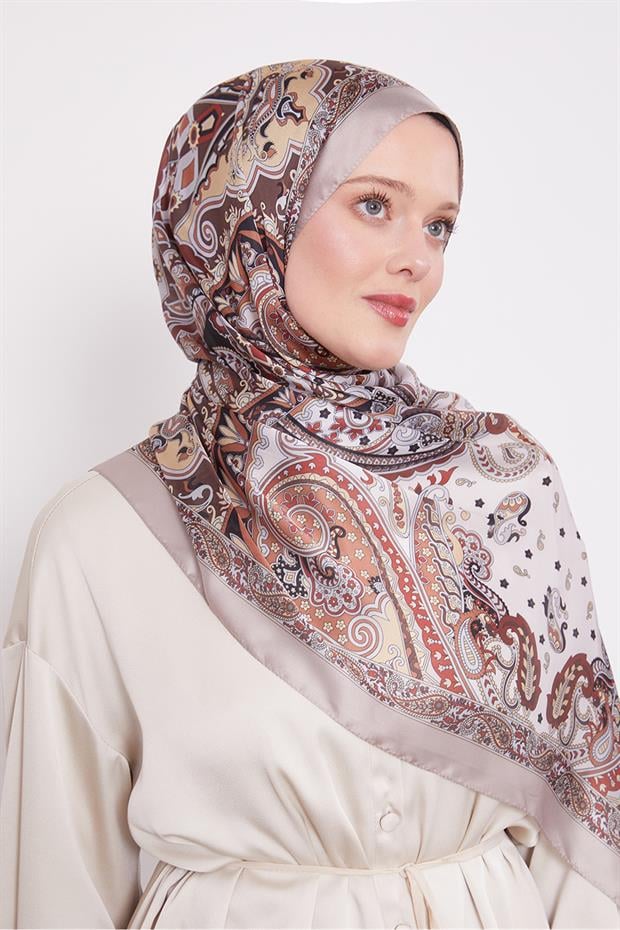 Koyu Vizon Karışık Desenal Hint İpeği Şal