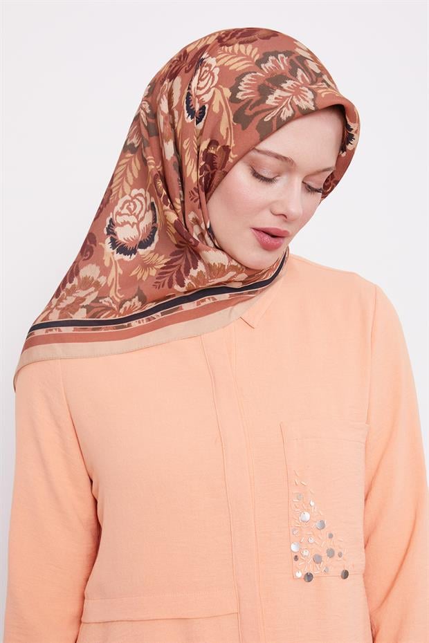 Koyu Vizon Gül Desen Aura Eşarp