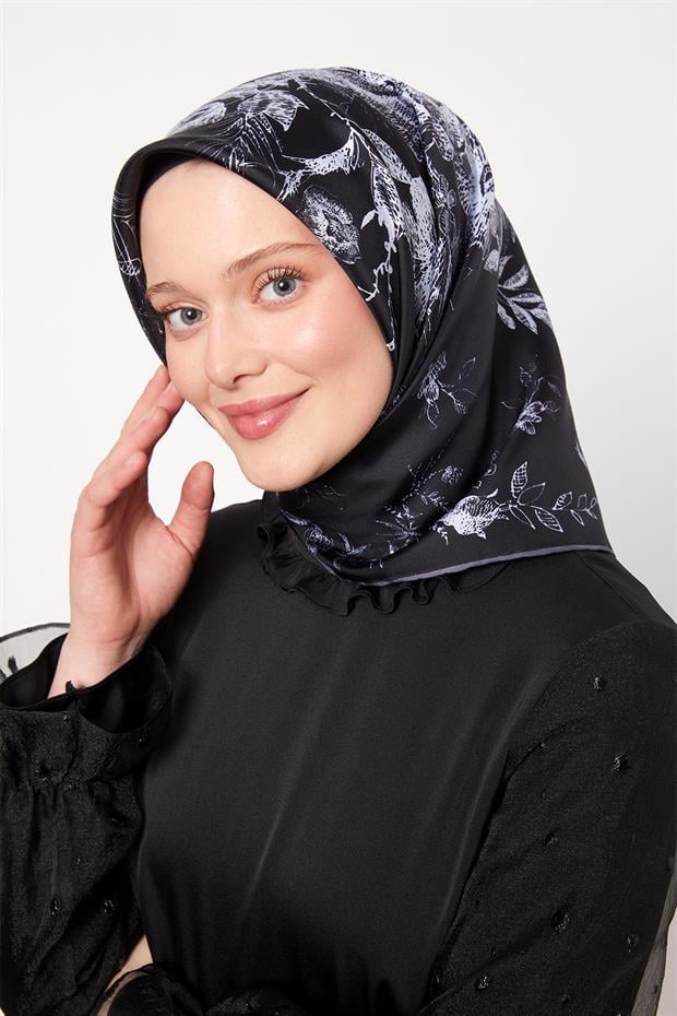 Koyu Lacivert Soyut Gül Desen Twill İpek Eşarp