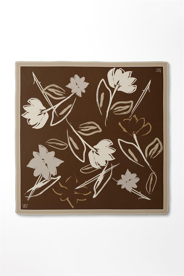 Koyu Vizon Çiçek Desen Twill İpek Eşarp