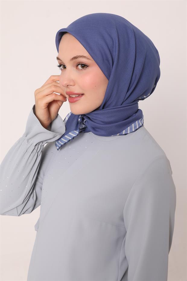 Koyu Lacivert Çizgili Pamuk Eşarp