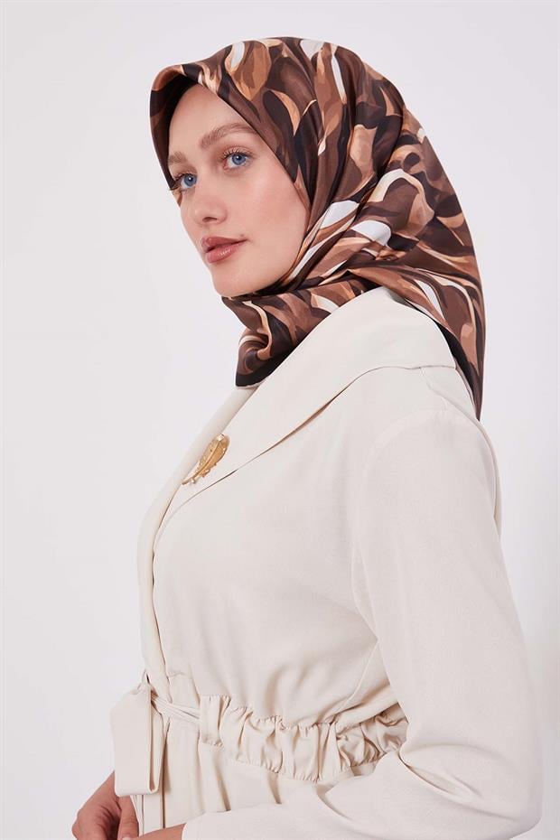 Koyu Kahve Ebruli Desen Twill İpek Eşarp