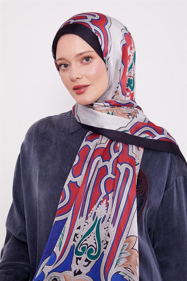 Koyu Lacivert Baroklu Hint İpeği Şal