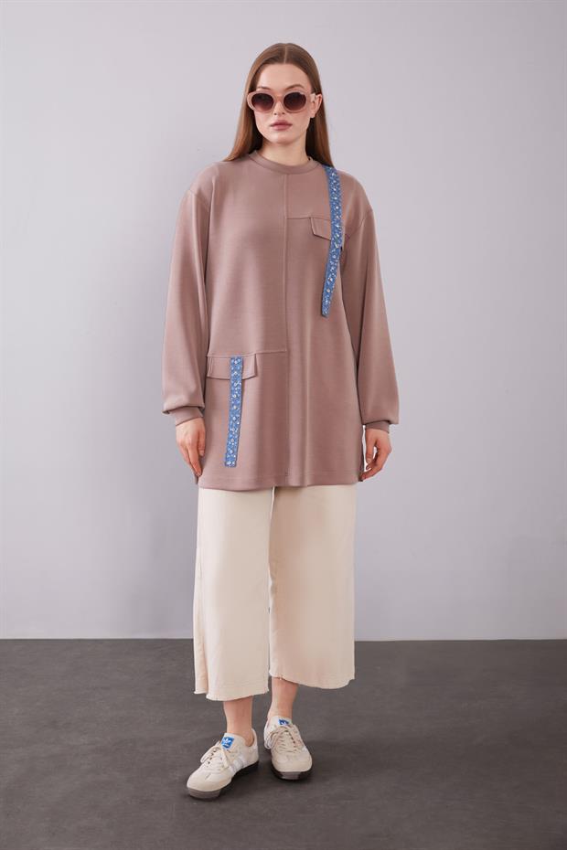 Koyu Vizon Kot Şerit Detaylı Sweat