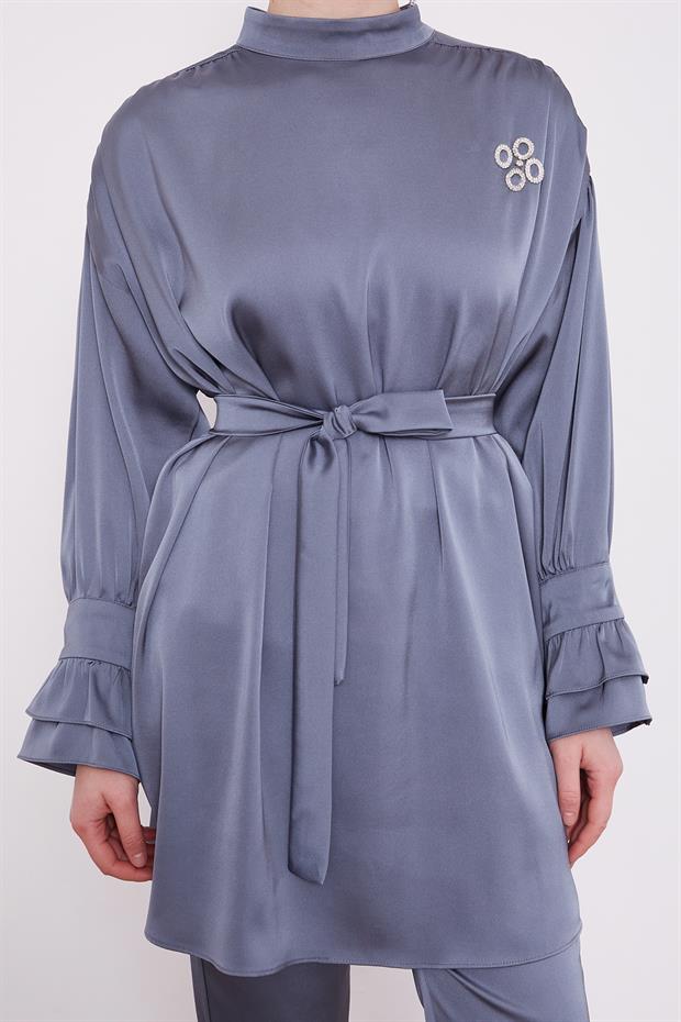 Koyu Gri Kol Fırfır Detaylı İkili Takım