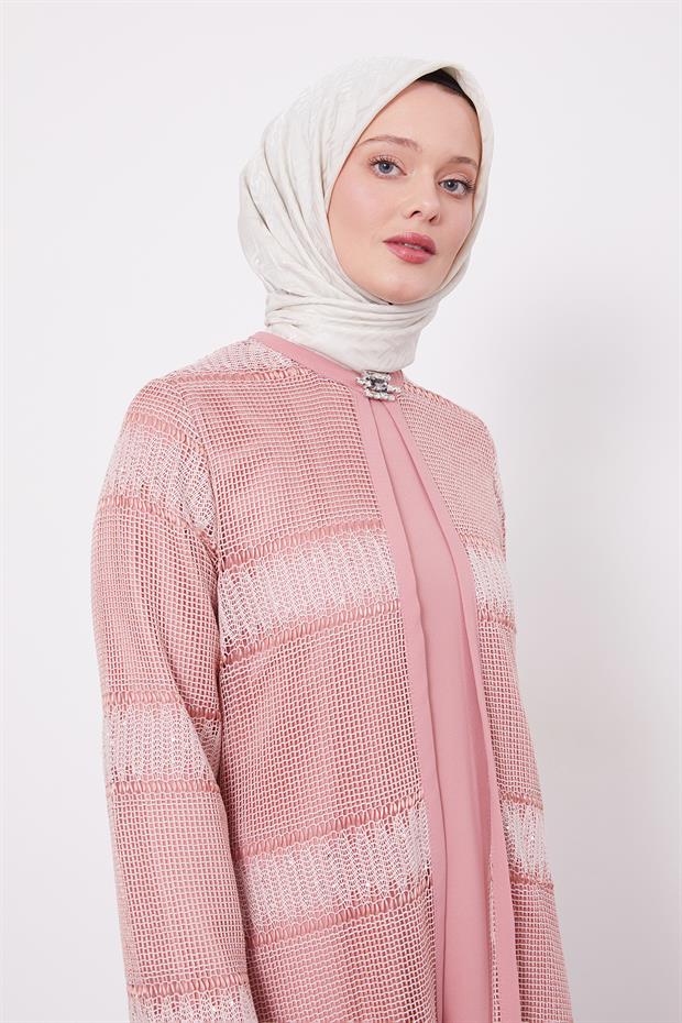 Koyu Pudra Dantel Elbiseli Ferace