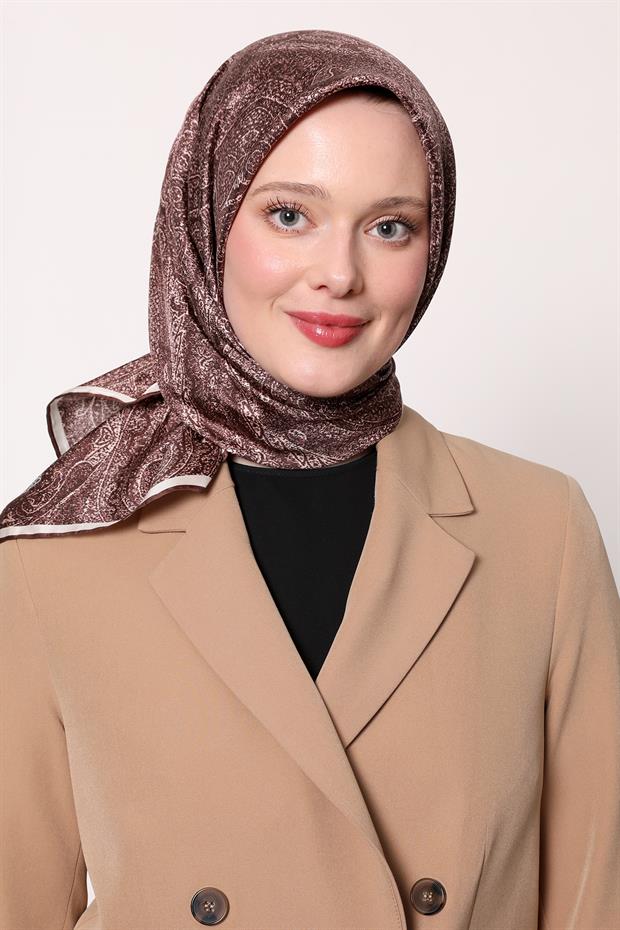 Koyu Bordo Soyut Etnik Desen Twill İpek Eşarp