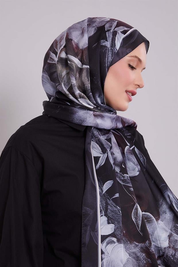 Koyu Yeşil Karışık Yaprak Desen Hint İpeği Şal