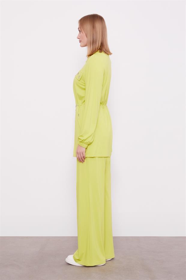 Koyu Yeşil Cepli Belden Büzgülü İkili Takım