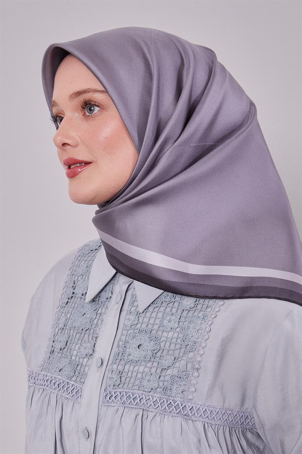 Koyu Gri Kenar Bordürlü Twill İpek Eşarp