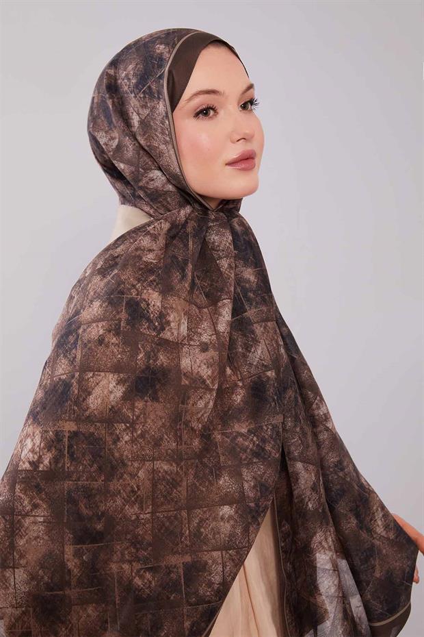 Kahve Baklava Desen Yün İpek Şal