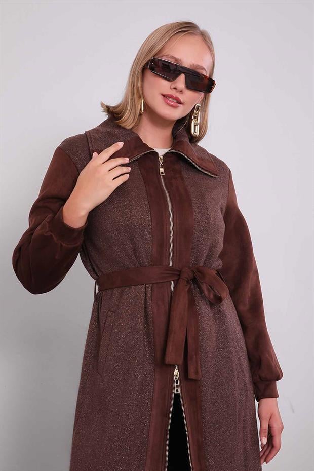 Kahve Bel Bağlamalı Süet Kap