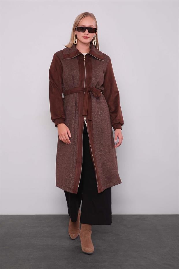 Kahve Bel Bağlamalı Süet Kap