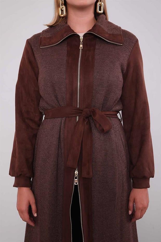 Kahve Bel Bağlamalı Süet Kap