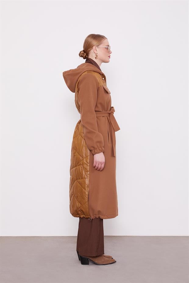 Kahve Belden Bağlamalı Kaipşonlu Kaşe Kaban