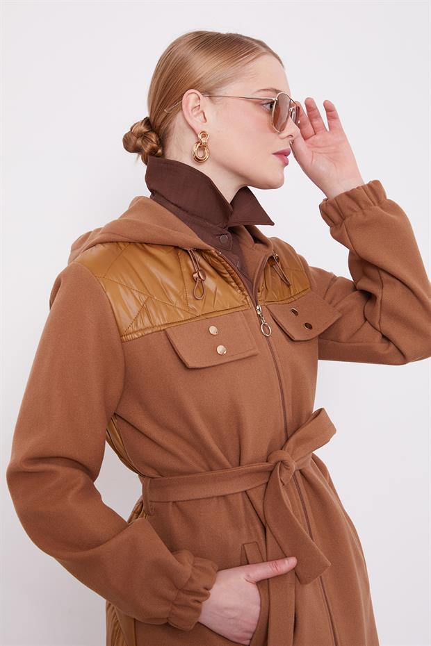 Kahve Belden Bağlamalı Kaipşonlu Kaşe Kaban