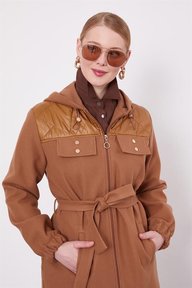 Kahve Belden Bağlamalı Kaipşonlu Kaşe Kaban