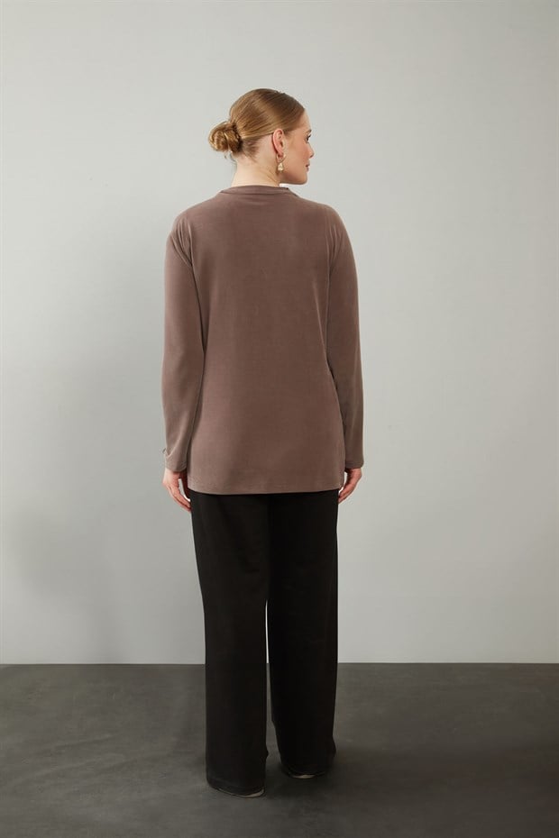 Kahve Büzgü Detaylı Sweat