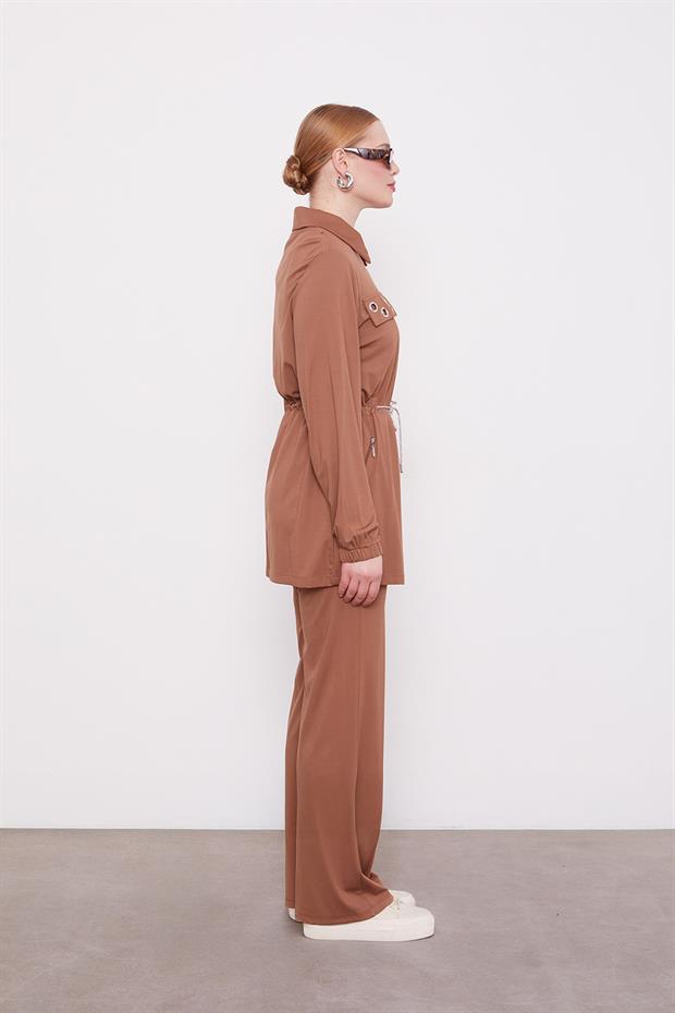 Kahve Cepli Belden Büzgülü İkili Takım