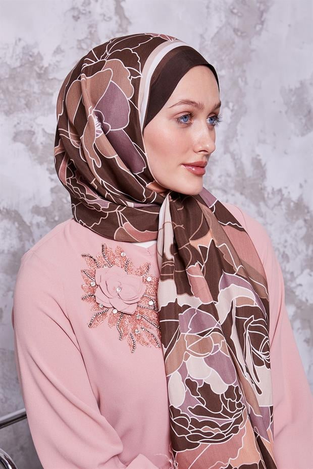 Kahve Çiçek Desen Royal Şal