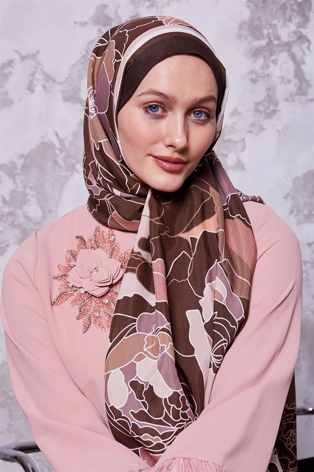 Kahve Çiçek Desen Royal Şal