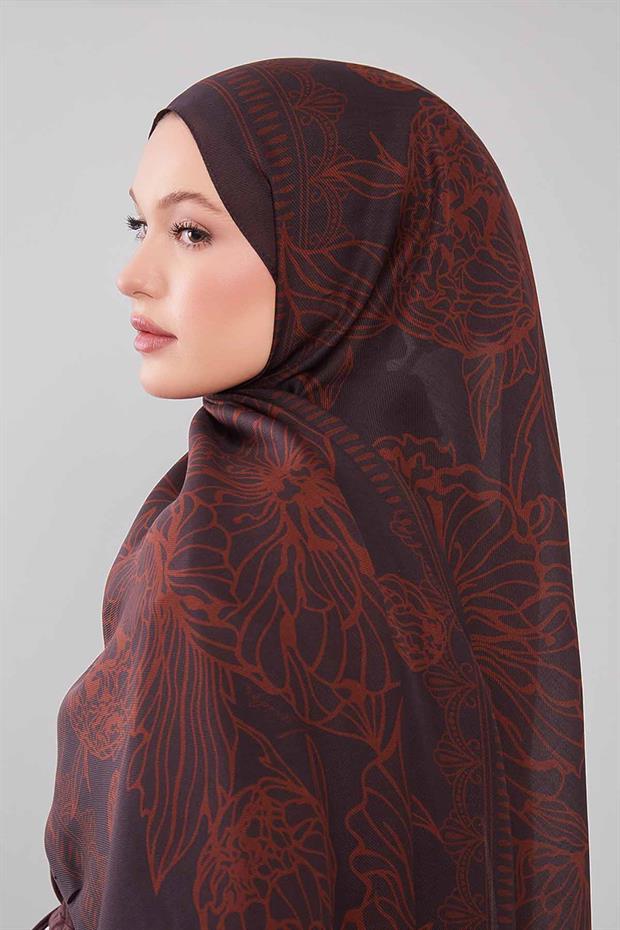 Kahve Çiçek Desenli Yün İpek Şal