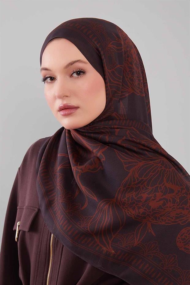 Kahve Çiçek Desenli Yün İpek Şal