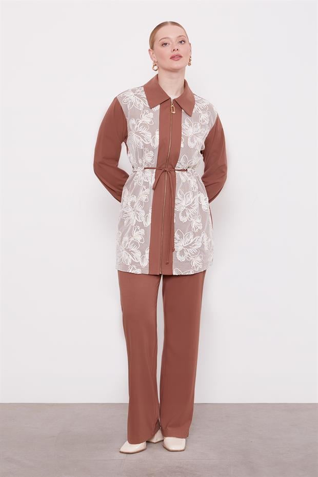 Kahve Çiçek İşlemeli İkili Takım