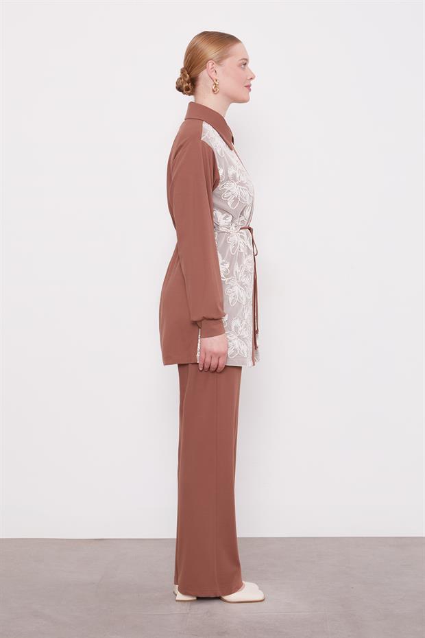 Kahve Çiçek İşlemeli İkili Takım