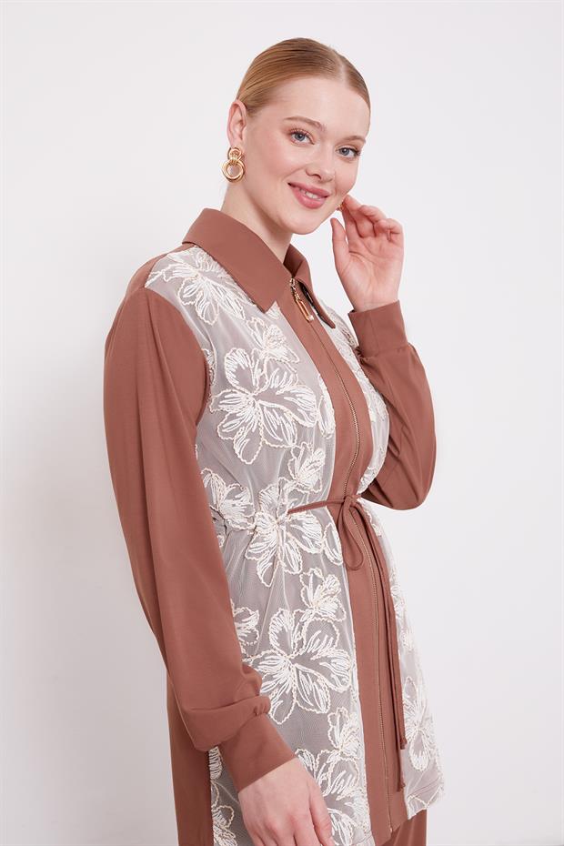 Kahve Çiçek İşlemeli İkili Takım