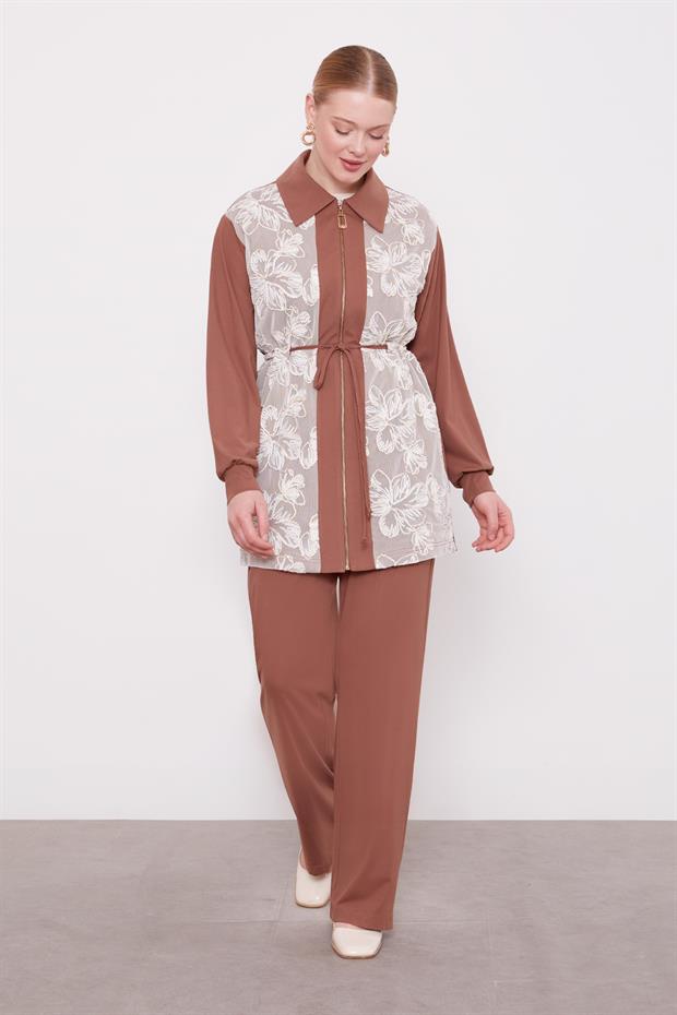 Kahve Çiçek İşlemeli İkili Takım