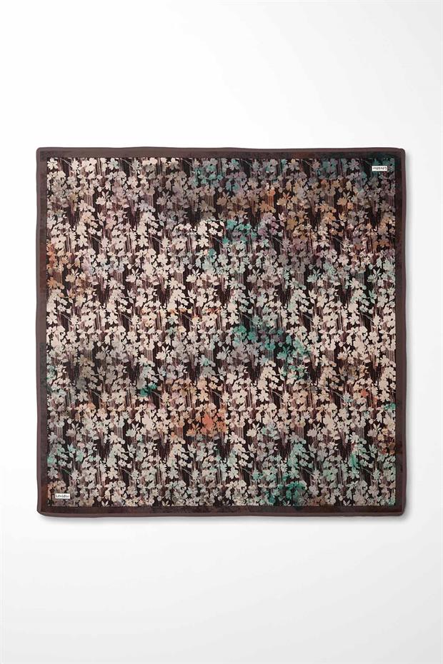 Kahve Çiçekli Soyut Desen Twill İpek Eşarp