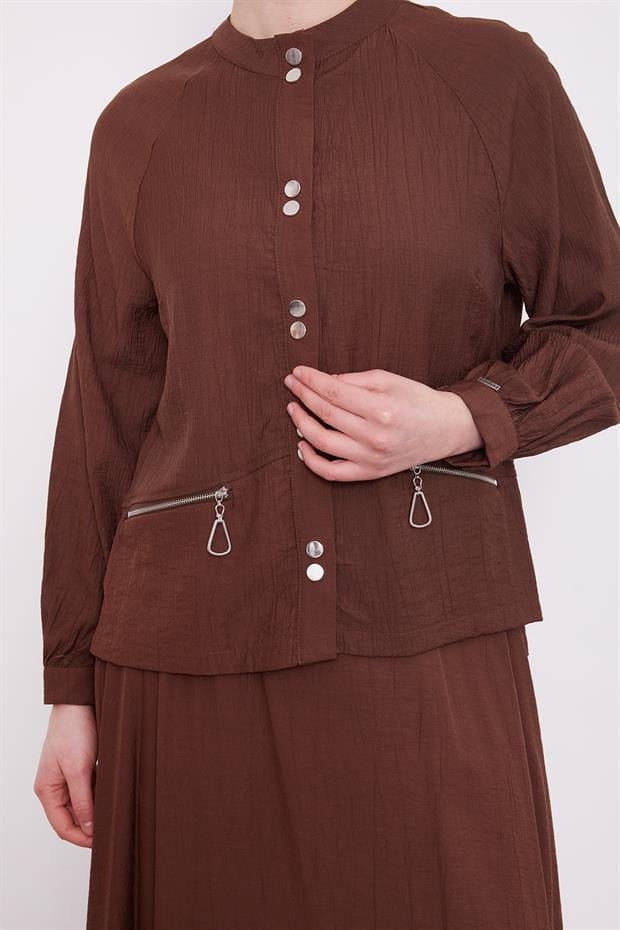 Kahve Çift Düğme Detaylı Etekli Takım