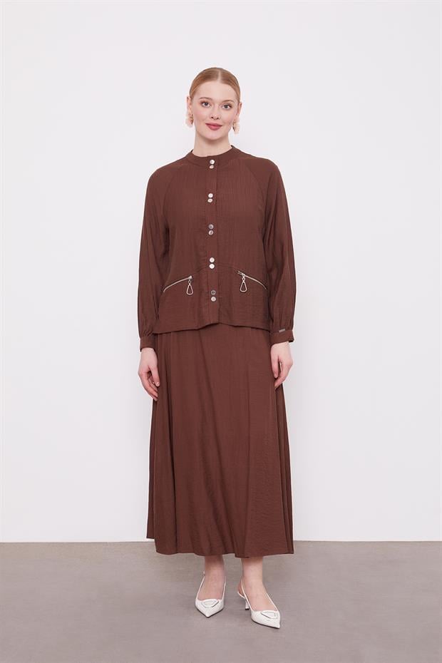 Kahve Çift Düğme Detaylı Etekli Takım