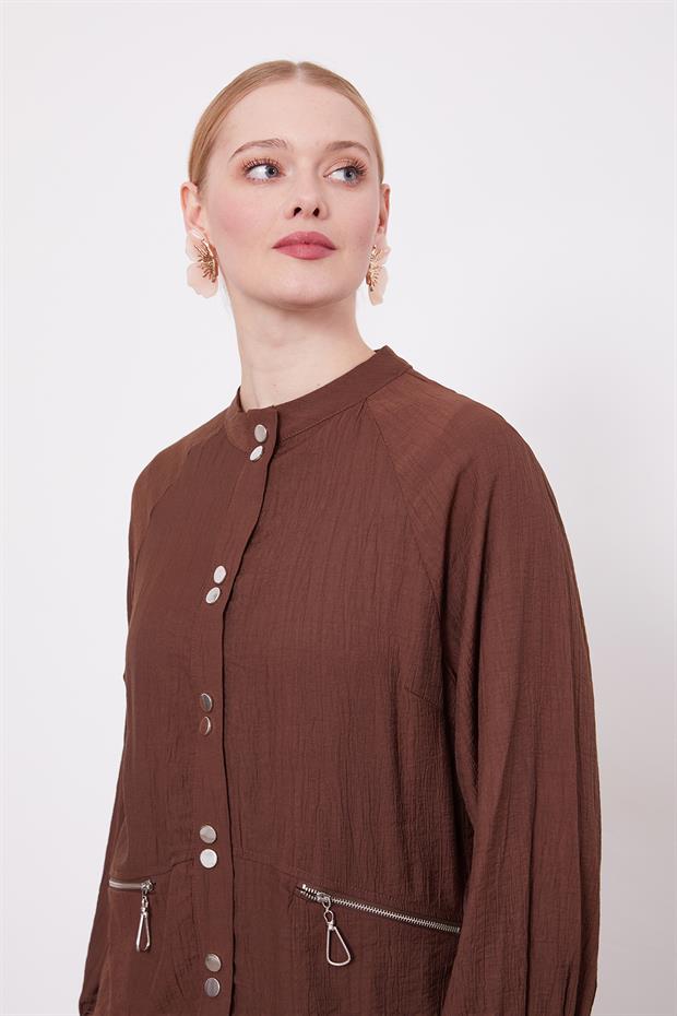 Kahve Çift Düğme Detaylı Etekli Takım