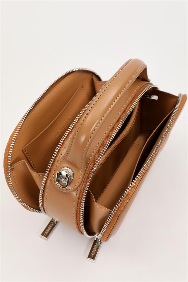 Kahve Çift Fermuarlı El Çantası