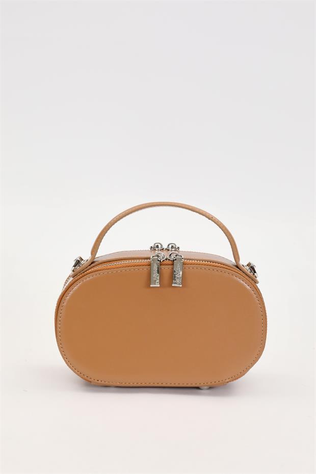 Kahve Çift Fermuarlı El Çantası