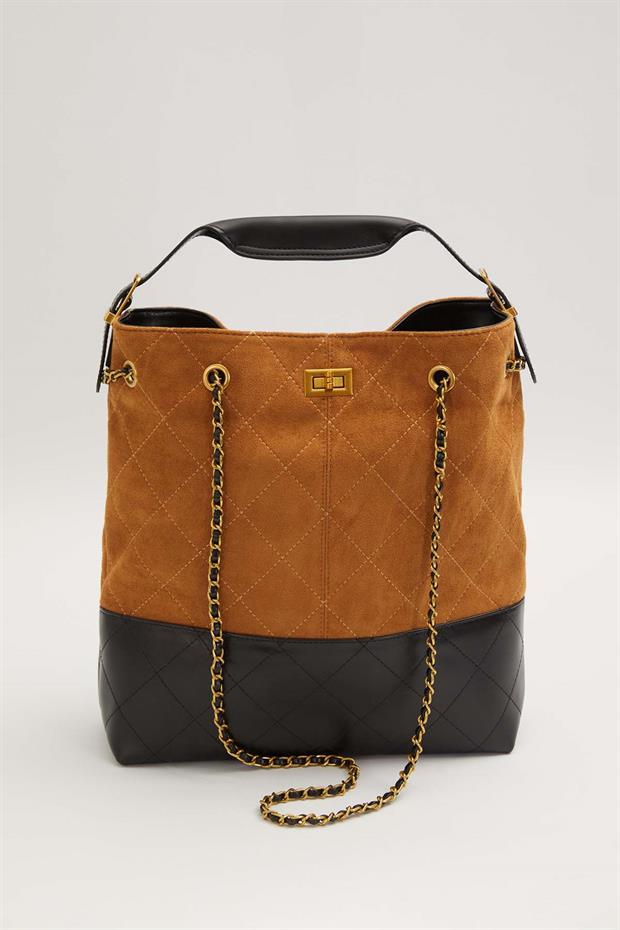 Kahve Çift Renkli Zincirli El Çantası