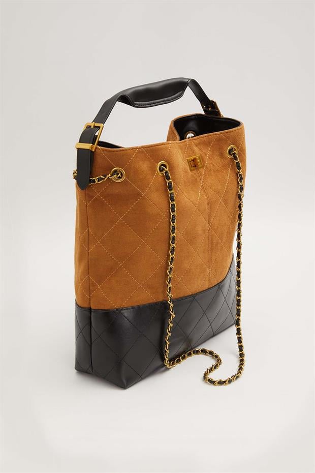 Kahve Çift Renkli Zincirli El Çantası