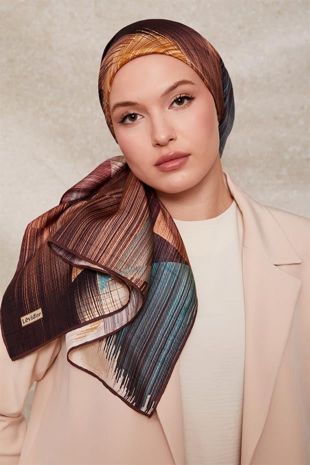 Kahve Çizgi Desen Twill İpek Eşarp