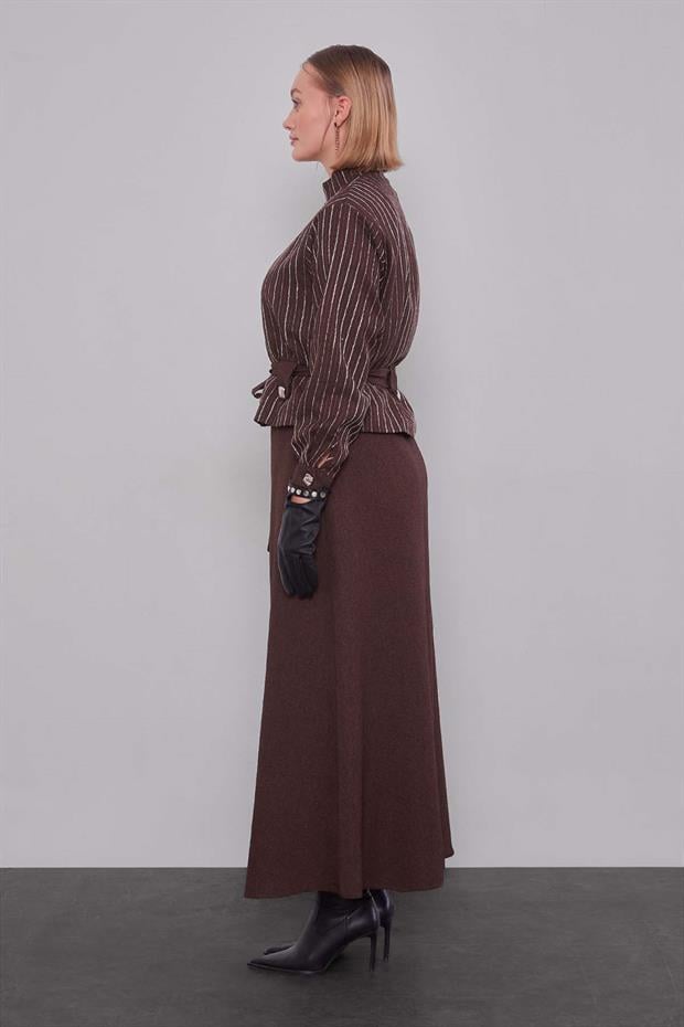 Kahve Çizgili Desen Kuşaklı Etek Takım