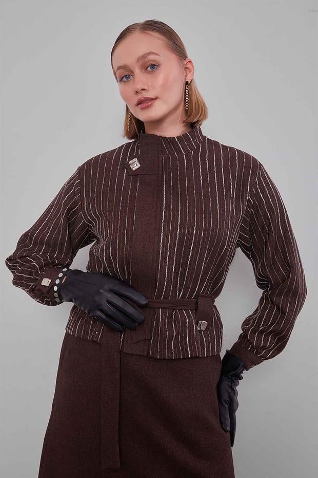 Kahve Çizgili Desen Kuşaklı Etek Takım