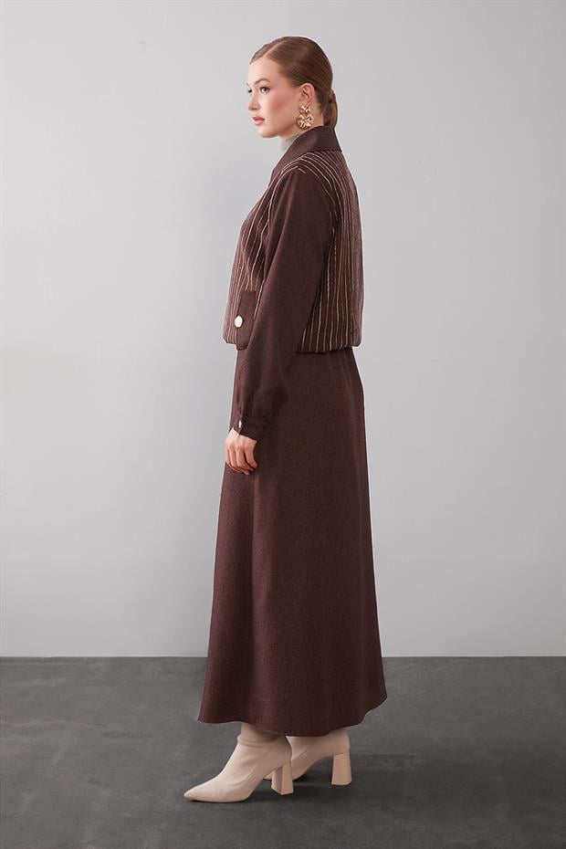 Kahve Dikey Çizgi Detaylı Etek Takım