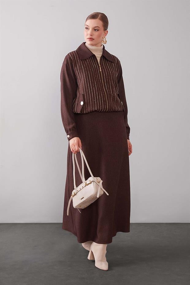 Kahve Dikey Çizgi Detaylı Etek Takım