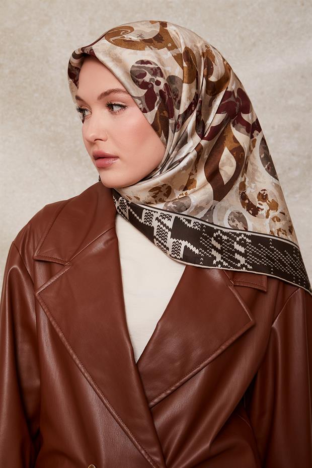 Kahve Desenli Twill İpek Eşerp