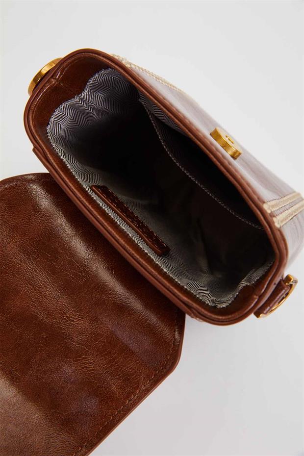 Kahve Dikdörtgen Formlu Dikişli El Çantası