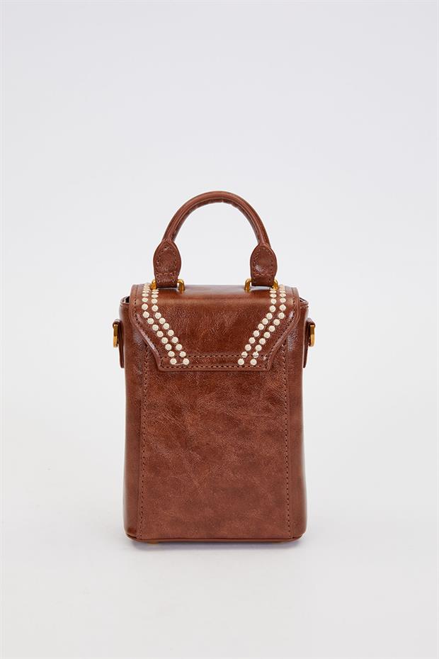 Kahve Dikdörtgen Formlu Dikişli El Çantası