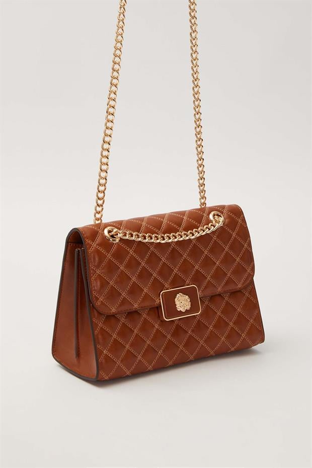 Kahve Dikişli Kapitone Omuz Çantası