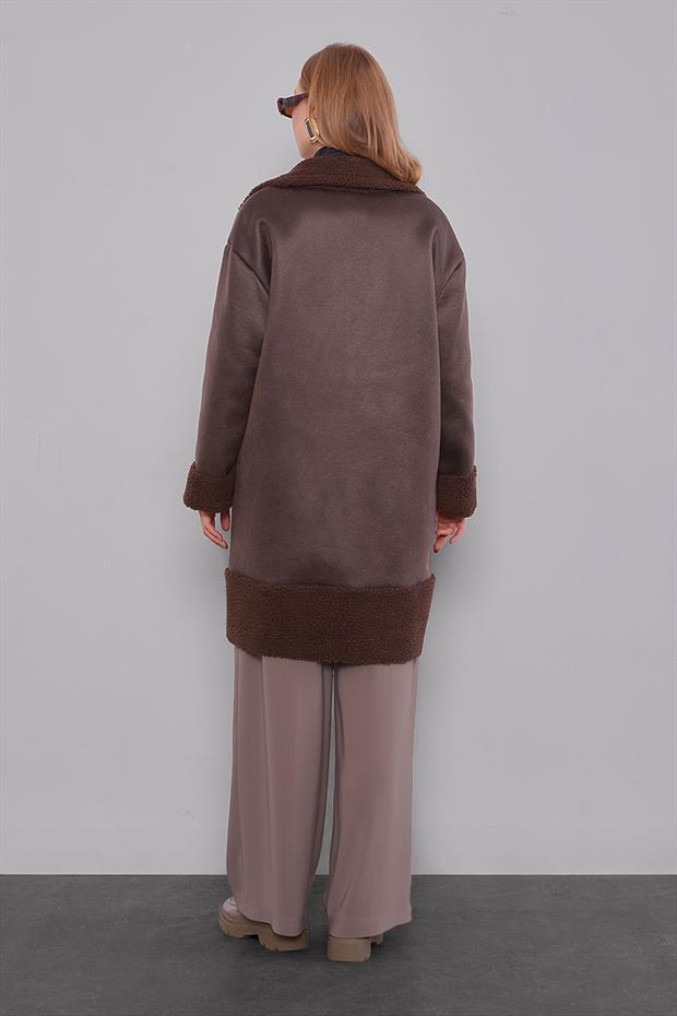 Kahve Düğme Kapamalı Yün Astarlı Suni Deri Kaban