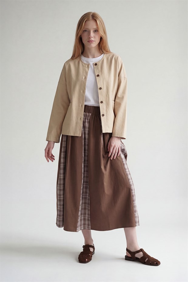 Kahve Ekose Detaylı Bel Büzgülü Etek